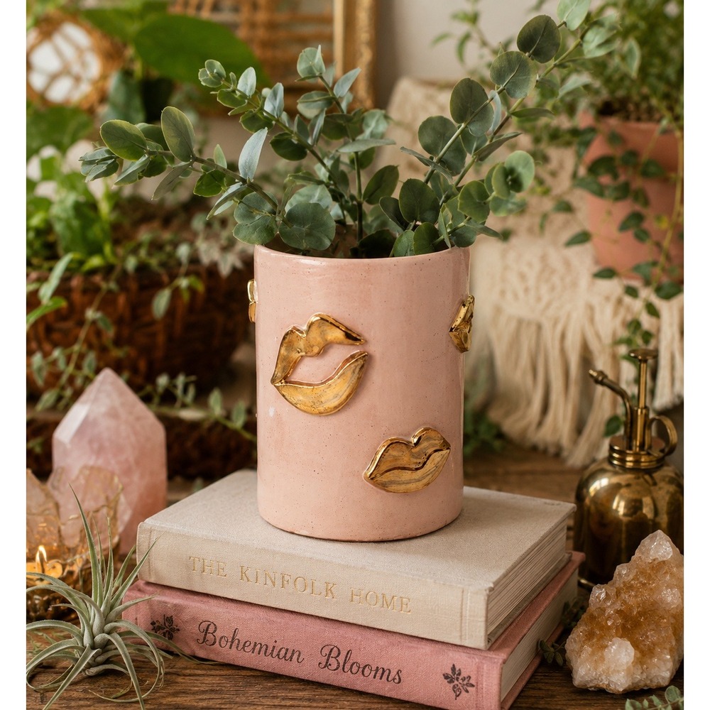 Lux Eros Blush Pink Gold Lip Kiss Planter Pot Vase‎